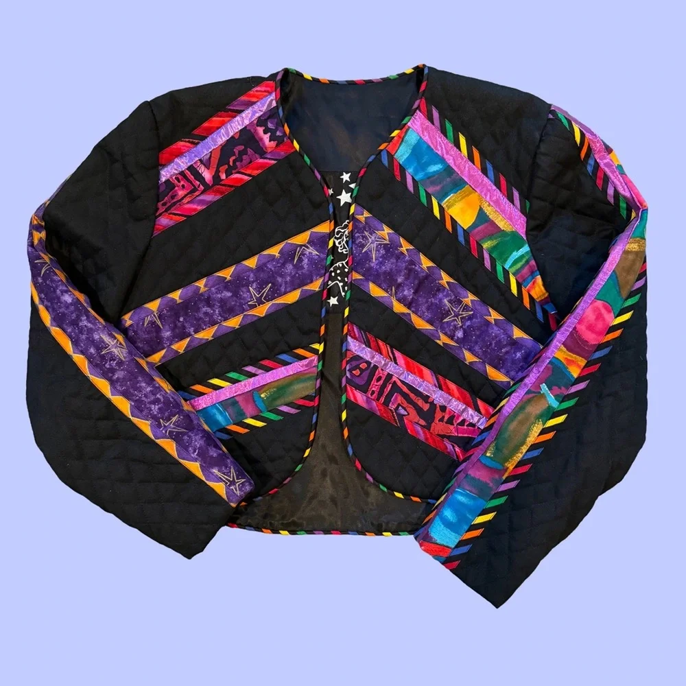 Marie Studer Design Vintage Colorful Quilted Geometric Cropped  Jacket USA Small